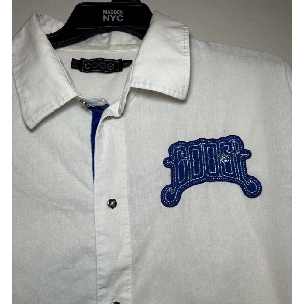 VTG COOGI Button Up Shirt 3XL Blue Embroidered Luxe Ivory Linen‎ Y2K Grunge - Picture 4 of 12
